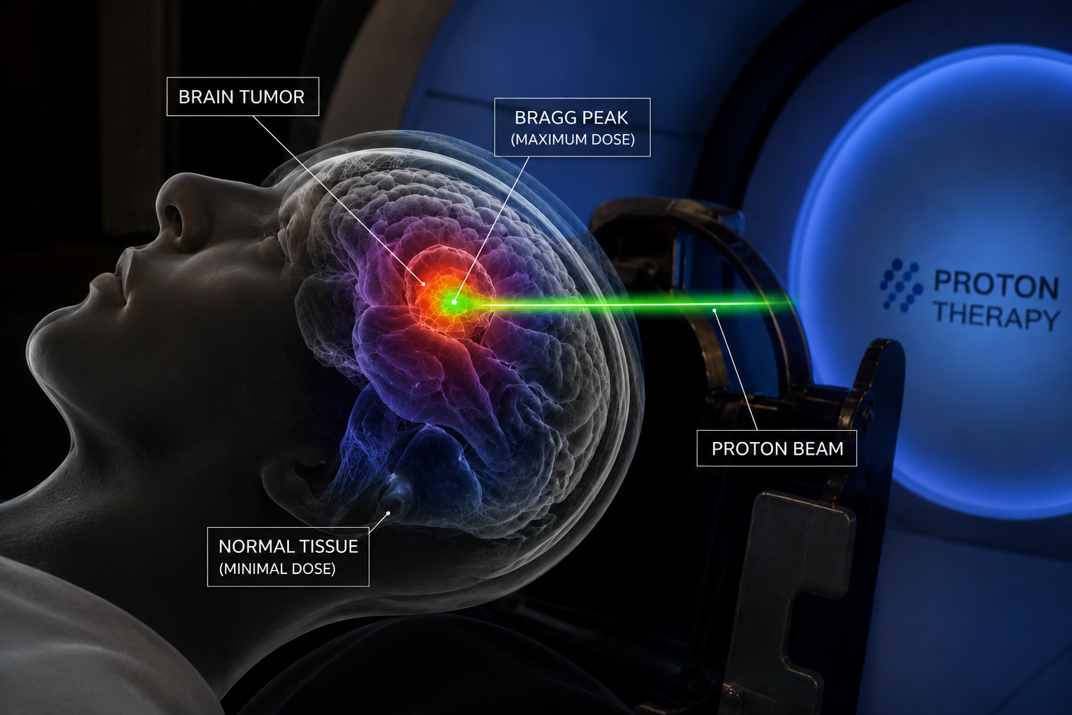 Proton beam stopping at the tumor in the brain, illustrating the Bragg peak