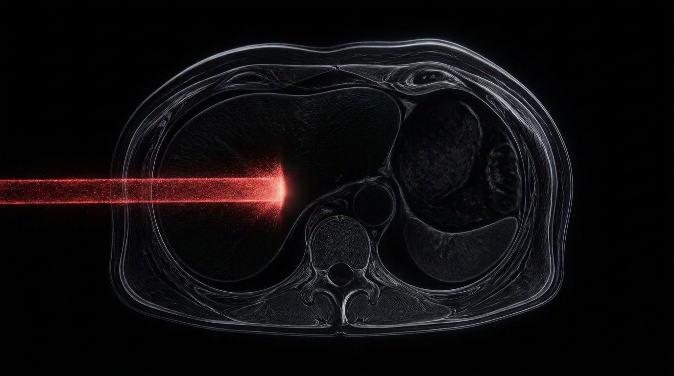 MRI cross-section of a torso intersected by a particle beam
